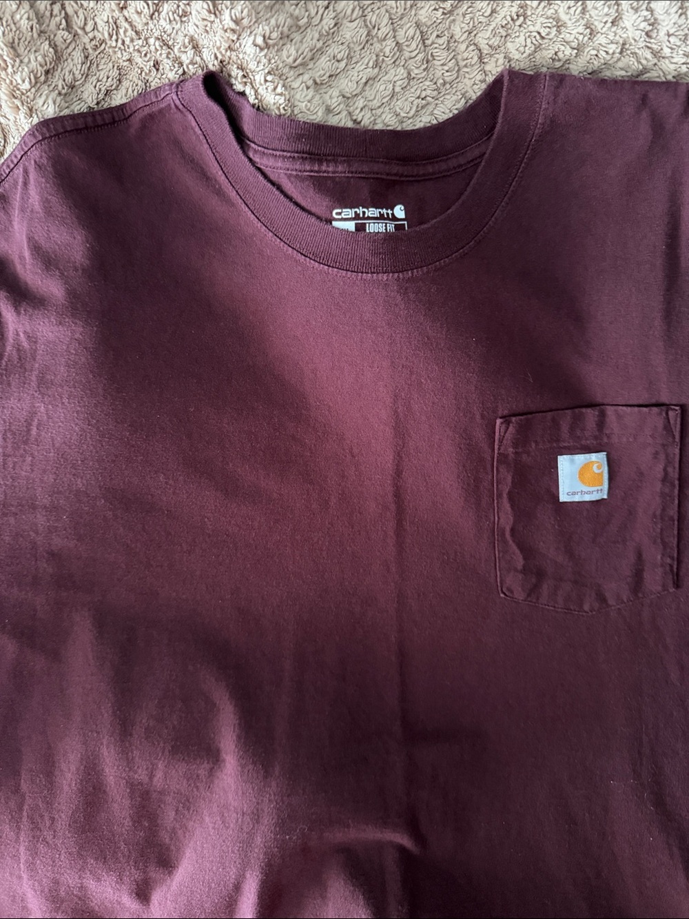 Carhartt Pocket Tee in Burgundy with Orange Logo Patch